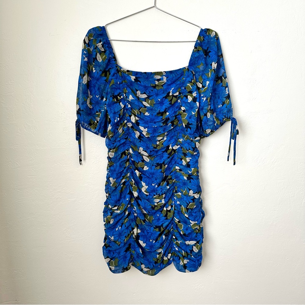 NEW MOON RIVER Ruched Mini Dress Blue Floral M